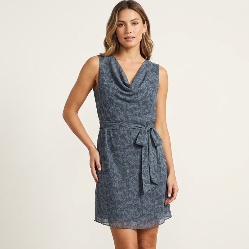 Revolve Lamade Blue Sleeveless‎ Cowl Neck Paisley Print Belted Dress Size Small